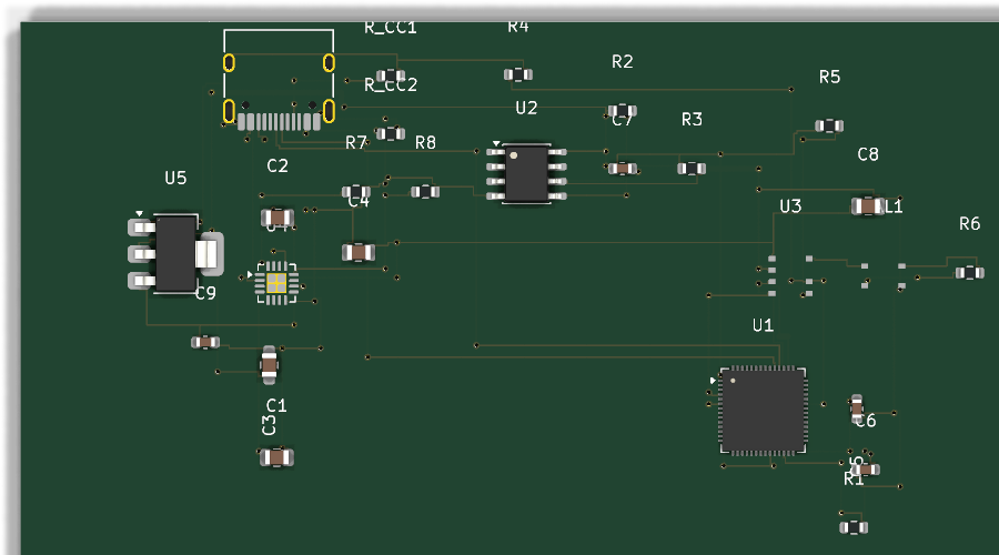 KiCad 3D render of a Synth-generated four-layer field node board with USB-C on the board edge